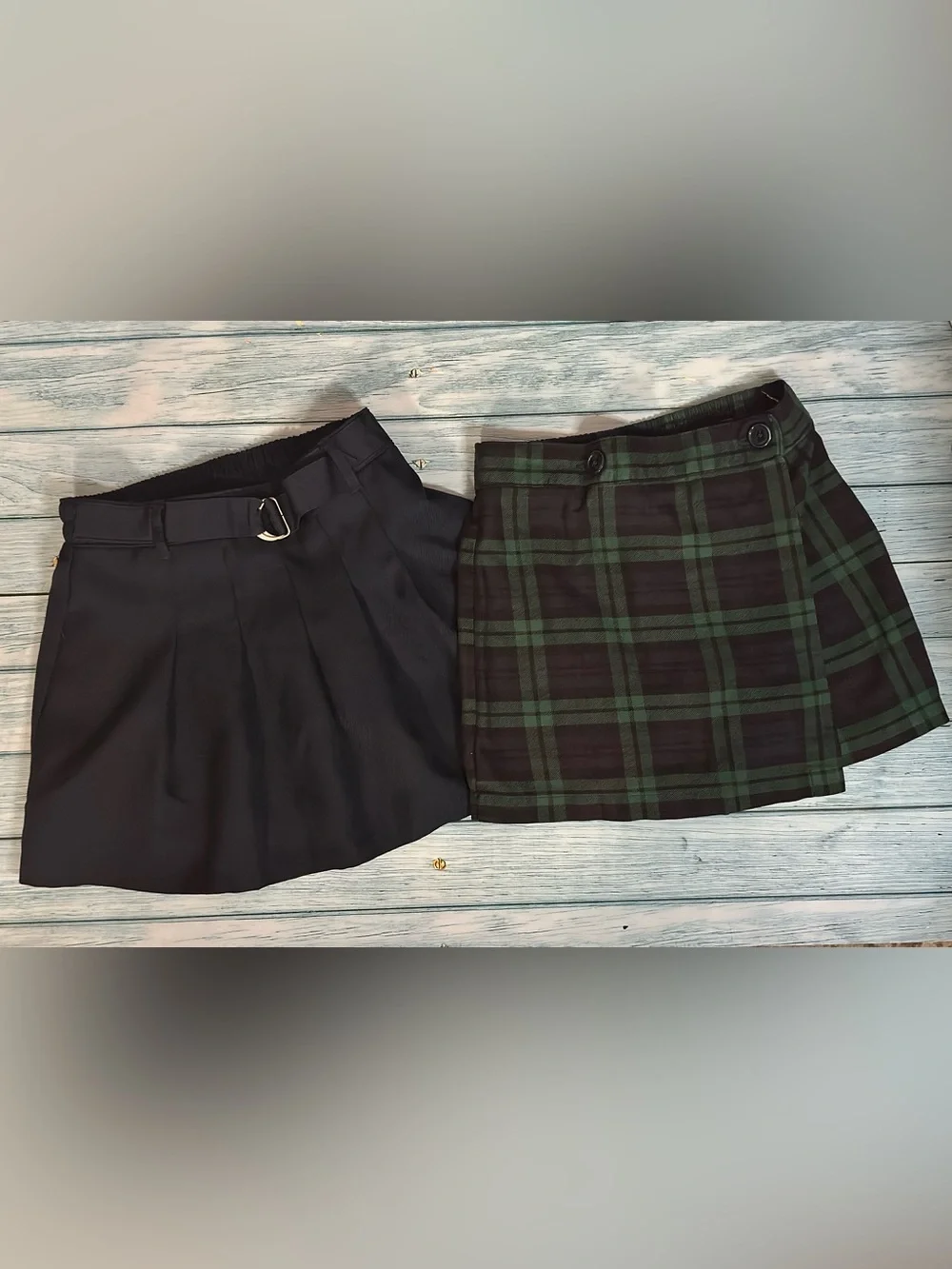 Two Pleated Mini Skirt Skorts School Uniform Navy & Green Plaid Wrap Skirt